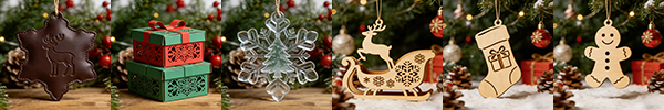 Six laser-engraved Christmas decorations including snowflakes, reindeer, and Christmas trees.