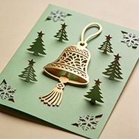 Green Christmas card with laser-engraved pop-up structure.