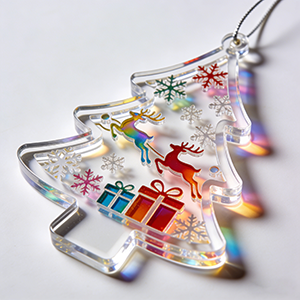 Acrylic Christmas tree ornament with colorful patterns.