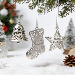 Laser-engraved metal Christmas ornament.