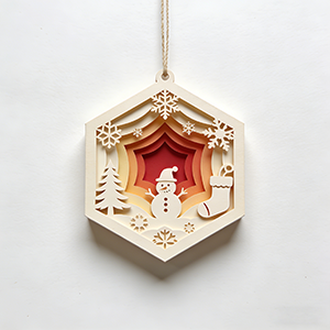Colorful wooden Christmas ornament made by laser cutting.