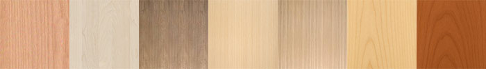 Cherry, Maple, Oak, Bamboo, Walnut, Birch, and Alder wood veneer samples.